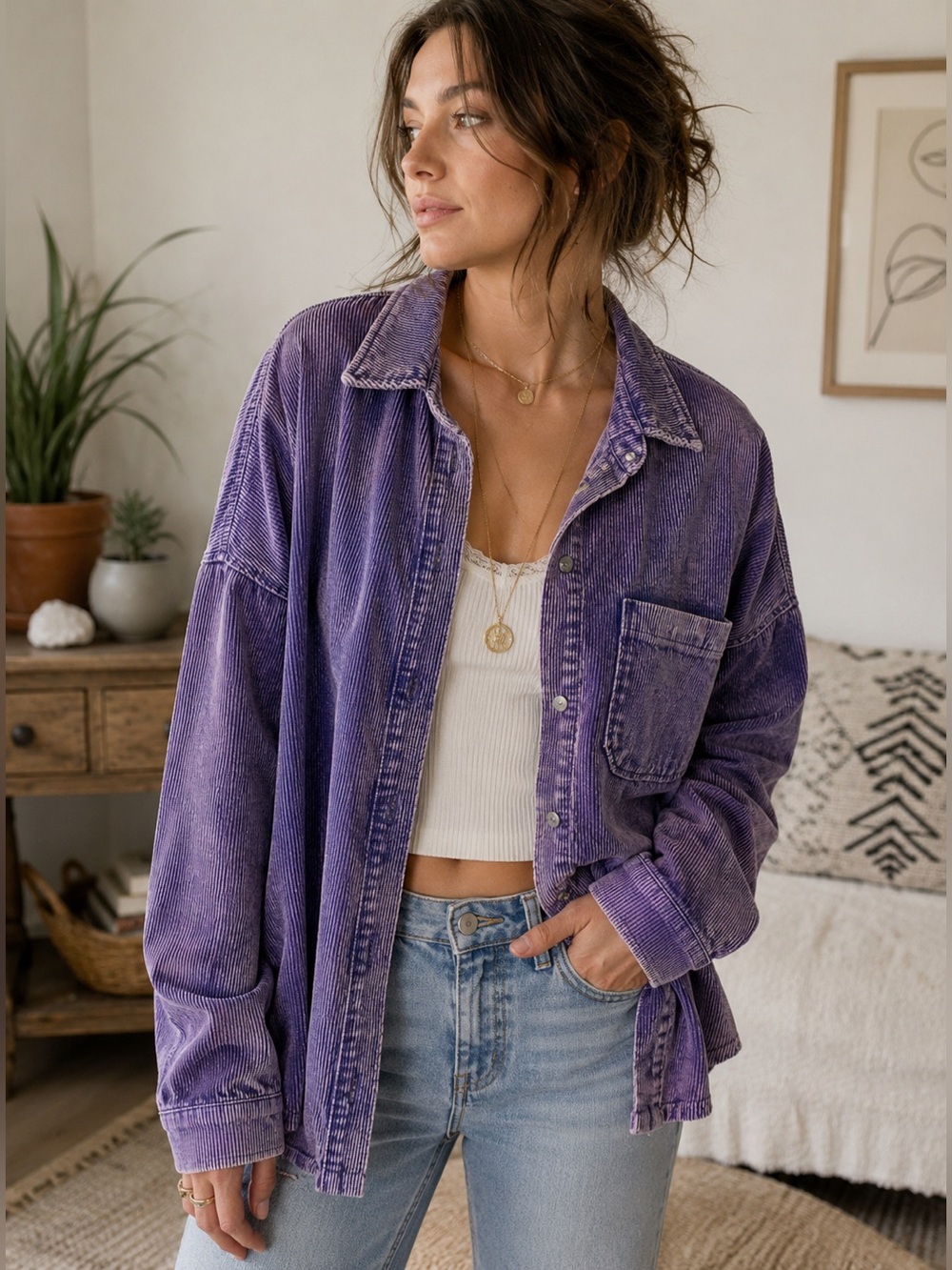 Purple Corduroy Button-Up Shacket Womens Size Large Women's